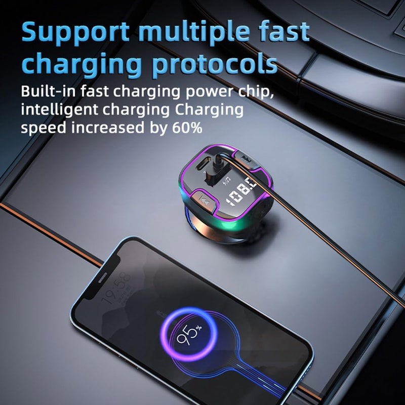 OHITEC Bluetooth FM Transmitter for Car: Hands-Free Calls, Navigation Guidance, HD Sound Quality 5.3, USB/Type-C 5V3.1A Fast Charging, U Disk Music Playback, Colorful Ambient Lights (C49) - Image 3